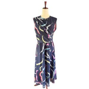 Isle by Melis Kozan Naomi Dress Sleeveless Navy Crew Neck Rouched Sides Med EUC